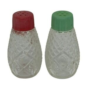 Vintage 1950s Diamond-Cut Glass Salt & Pepper Shakers Red & Green Lids Retro MCM